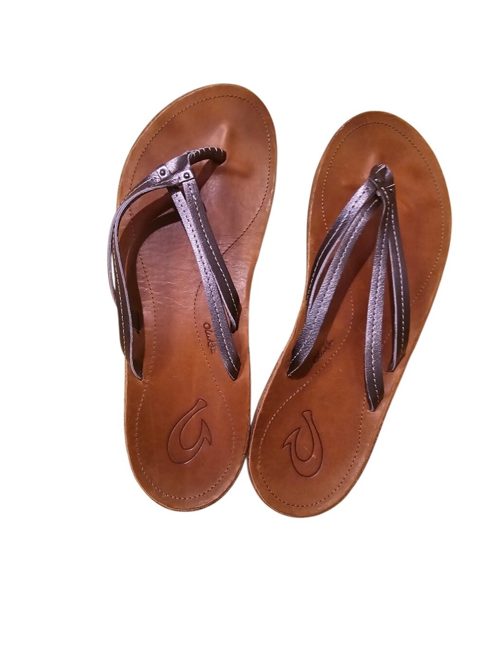 Olukai Women’s Brown Leather Thong Sandals with Metallic Straps Womens Size 10